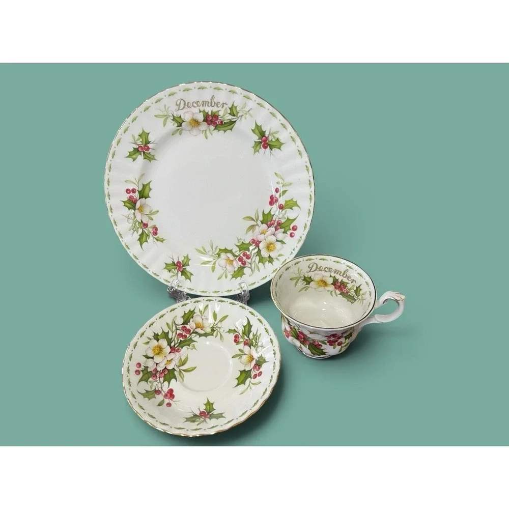 Royal Albert Birthday Breakfast Teacup Saucer Plate December Christmas England